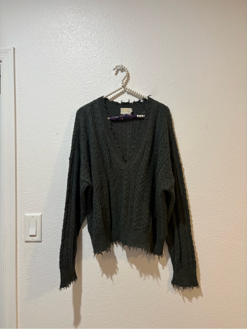 Nation LTD M Peruvian Baby Alpaca Dark Green V-Neck Cable Knit Women's Sweater
